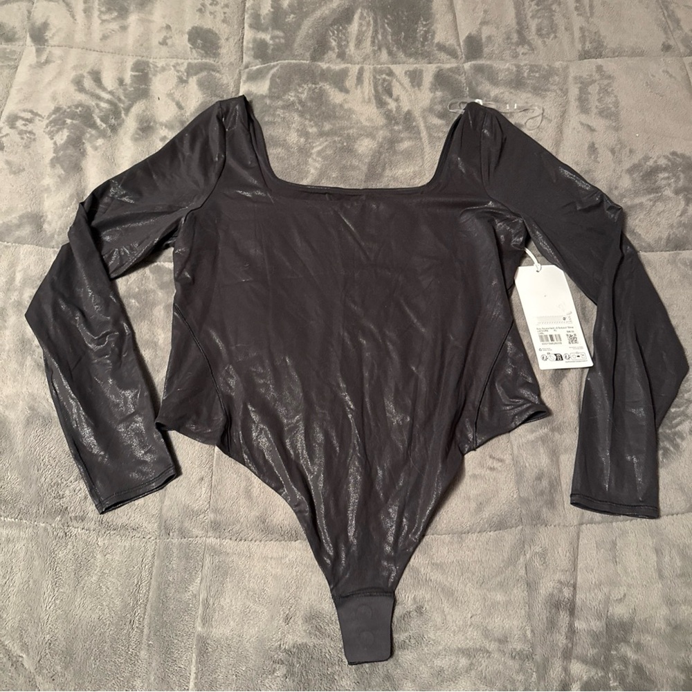 Lululemon Bodysuit XL Wundermost Square-Neck Nulu Shine Foil Print Black W3INRS